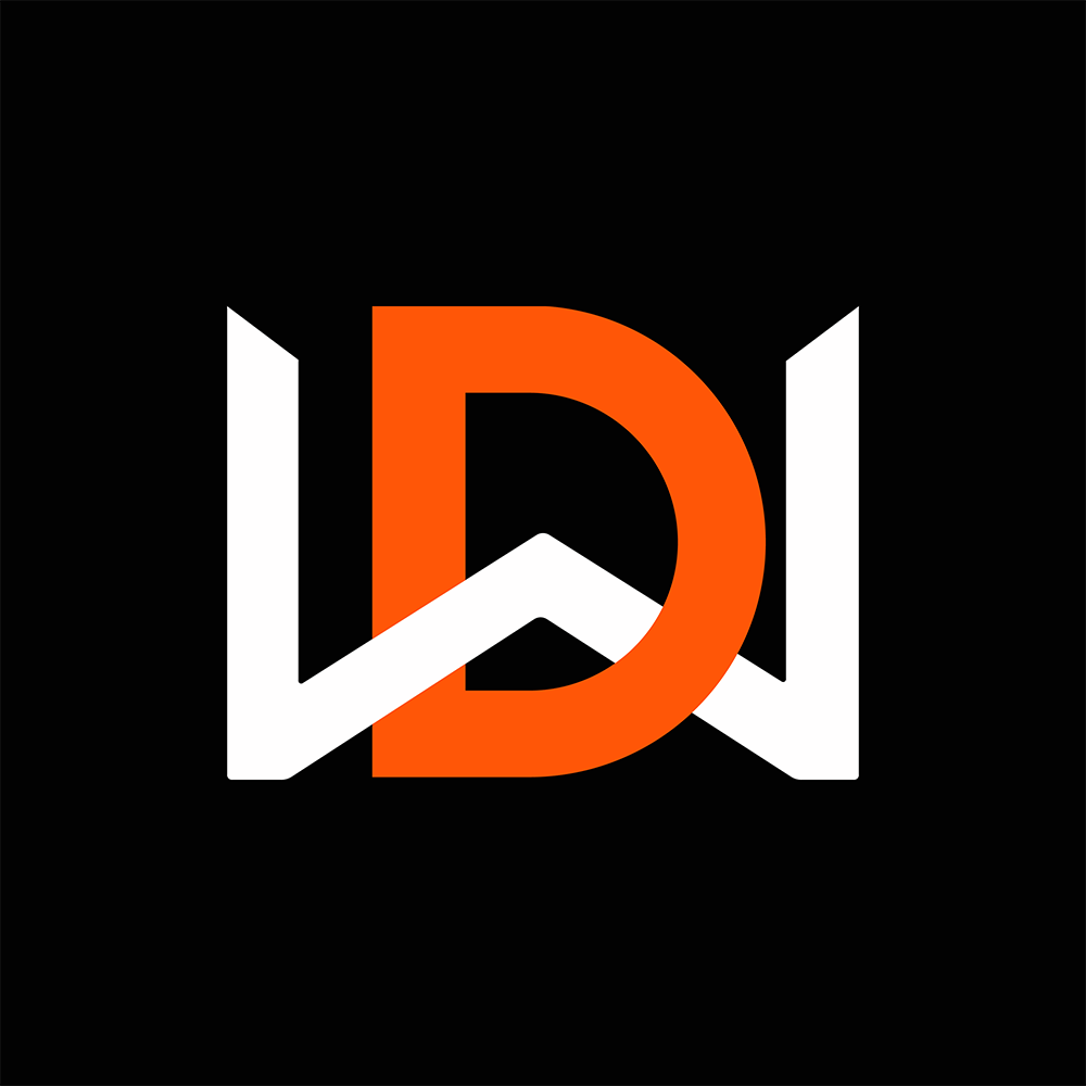 D W Scaffolding logo design #05 - black background with an orange D and white W with no text.