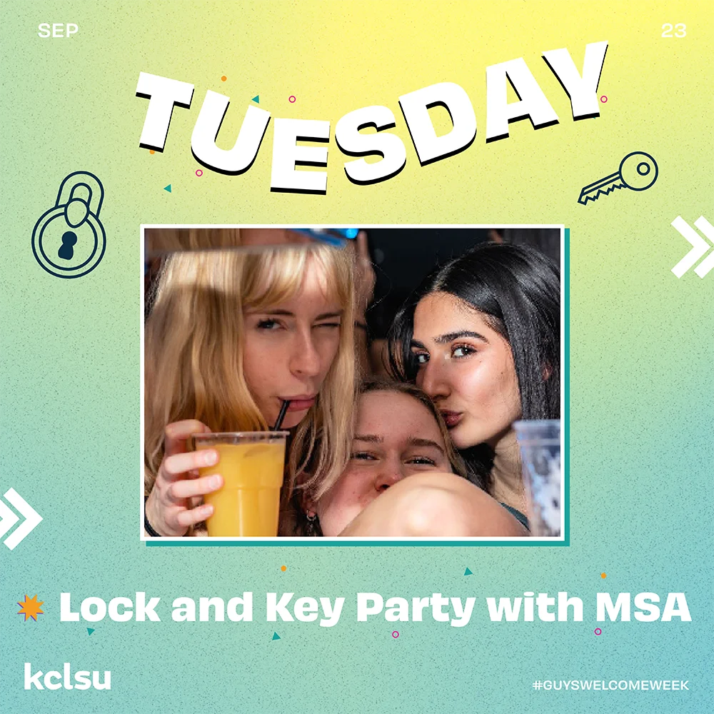 Social media promotional content for KCLSU - Guy's Bar for Welcome Week 2023 - Tuesday. King's College London.