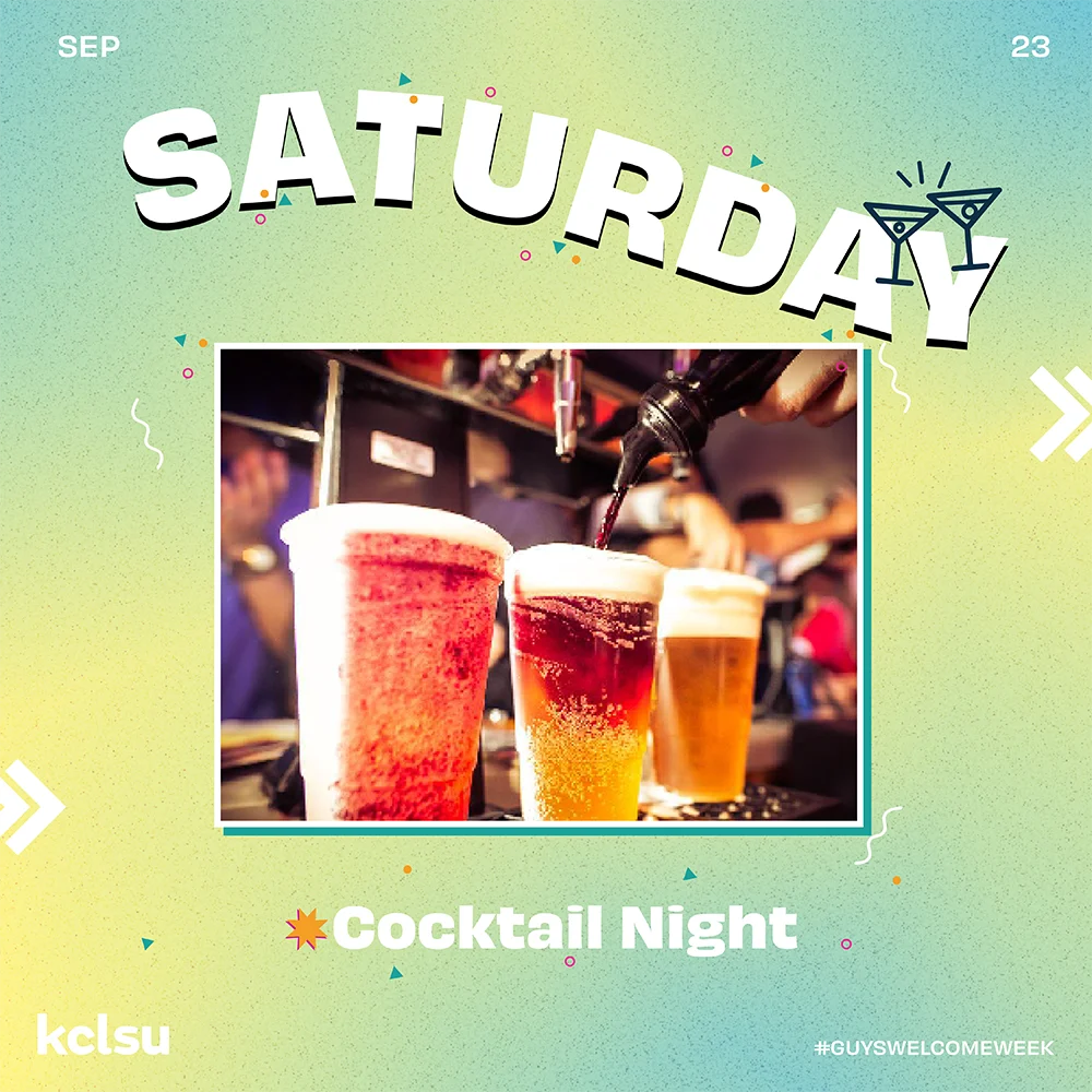 Social media promotional content for KCLSU - Guy's Bar for Welcome Week 2023 - Saturday. King's College London.