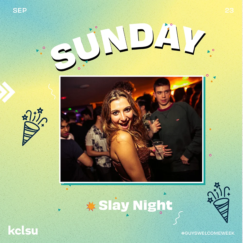 Social media promotional content for KCLSU - Guy's Bar for Welcome Week 2023 - Sunday. King's College London.