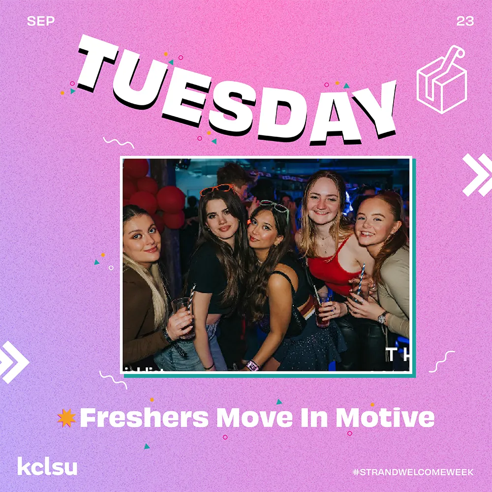Social media promotional content for KCLSU - The Vault, Strand for Welcome Week 2023 - Tuesday. King's College London.