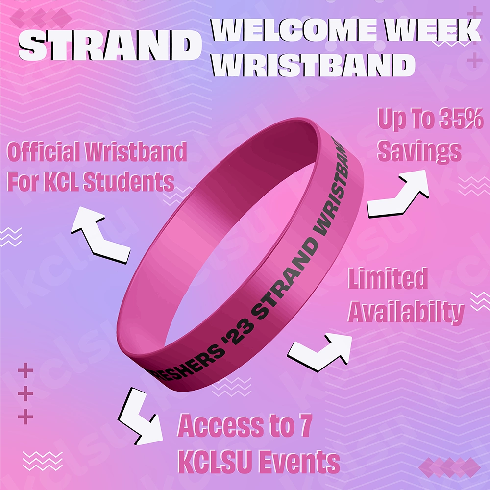 Social media promotional and informative content for KCLSU - The Vault, Strand for Welcome Week 2023 wristbands. King's College London.
