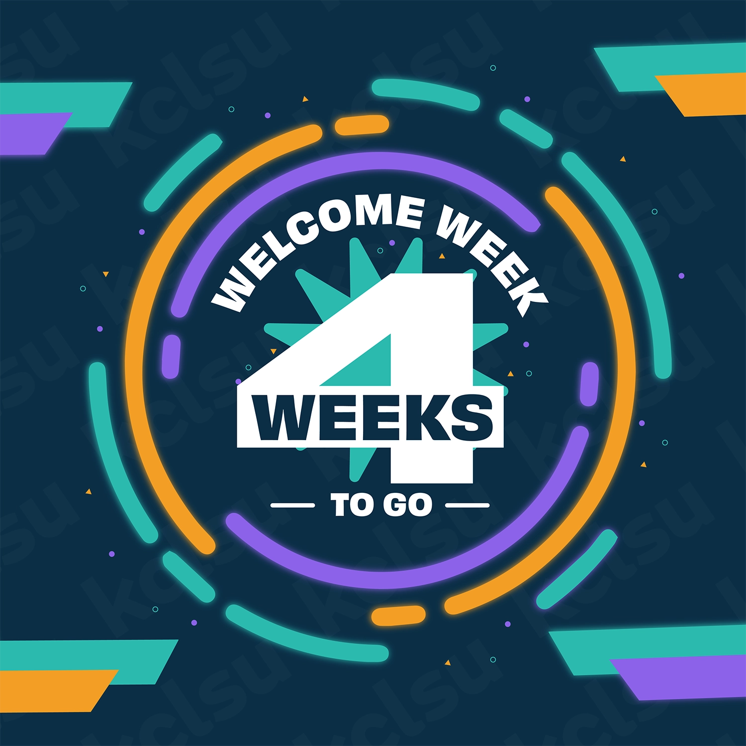 Social media promotional content for KCLSU - Welcome Week 2023. Countdown timer - 4 Weeks To Go. King's College London.