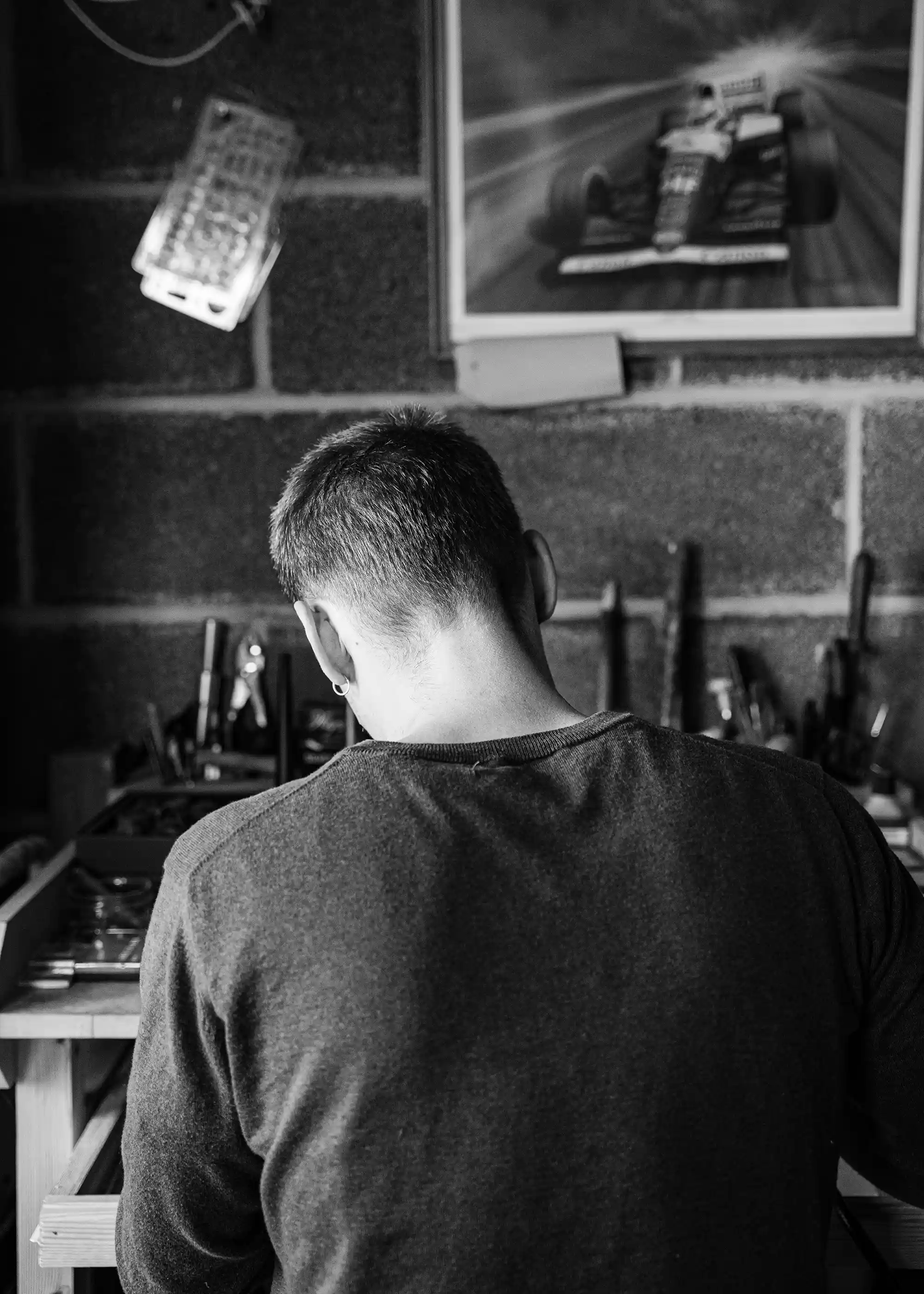 From the back profile photo of Josh at his work bench - Silvawear.