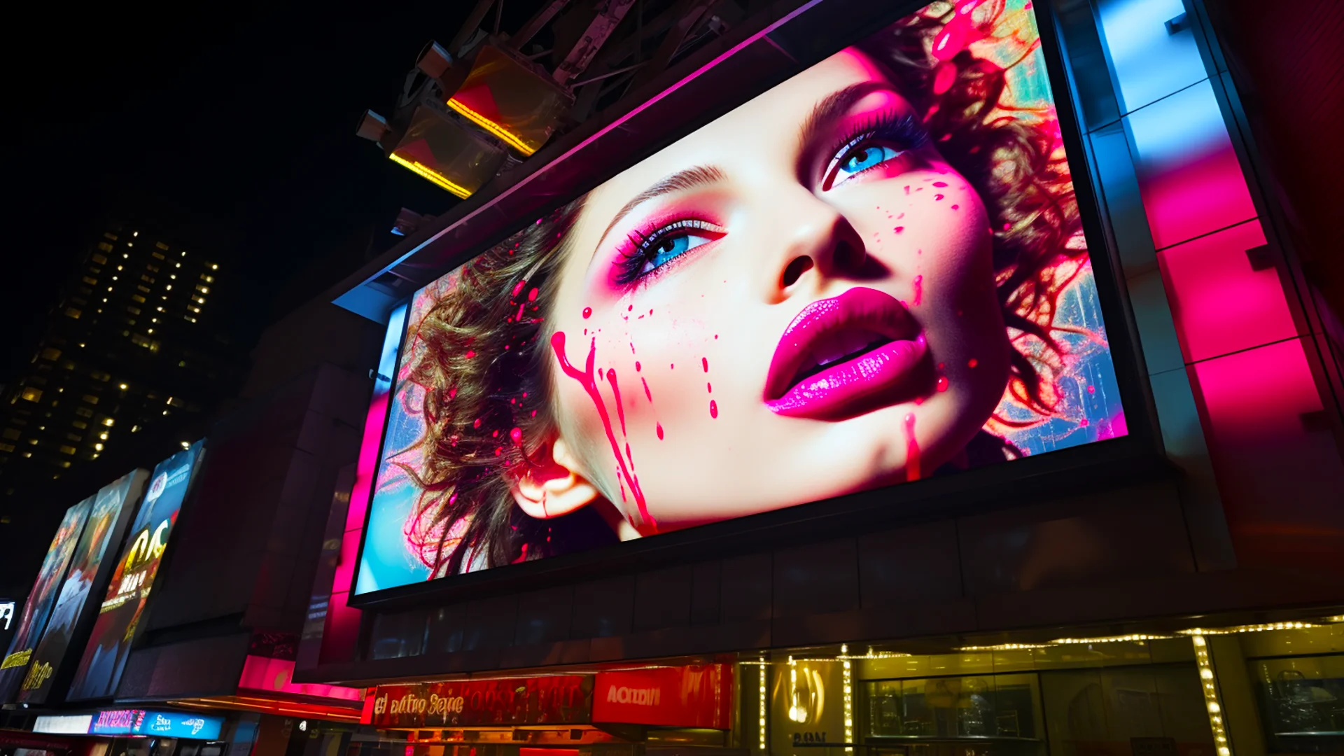 Beautiful female with vibrant make-up on a city advertising billboard - Montus - Services - Advertising, PPC and Campaigns​ - Image #01