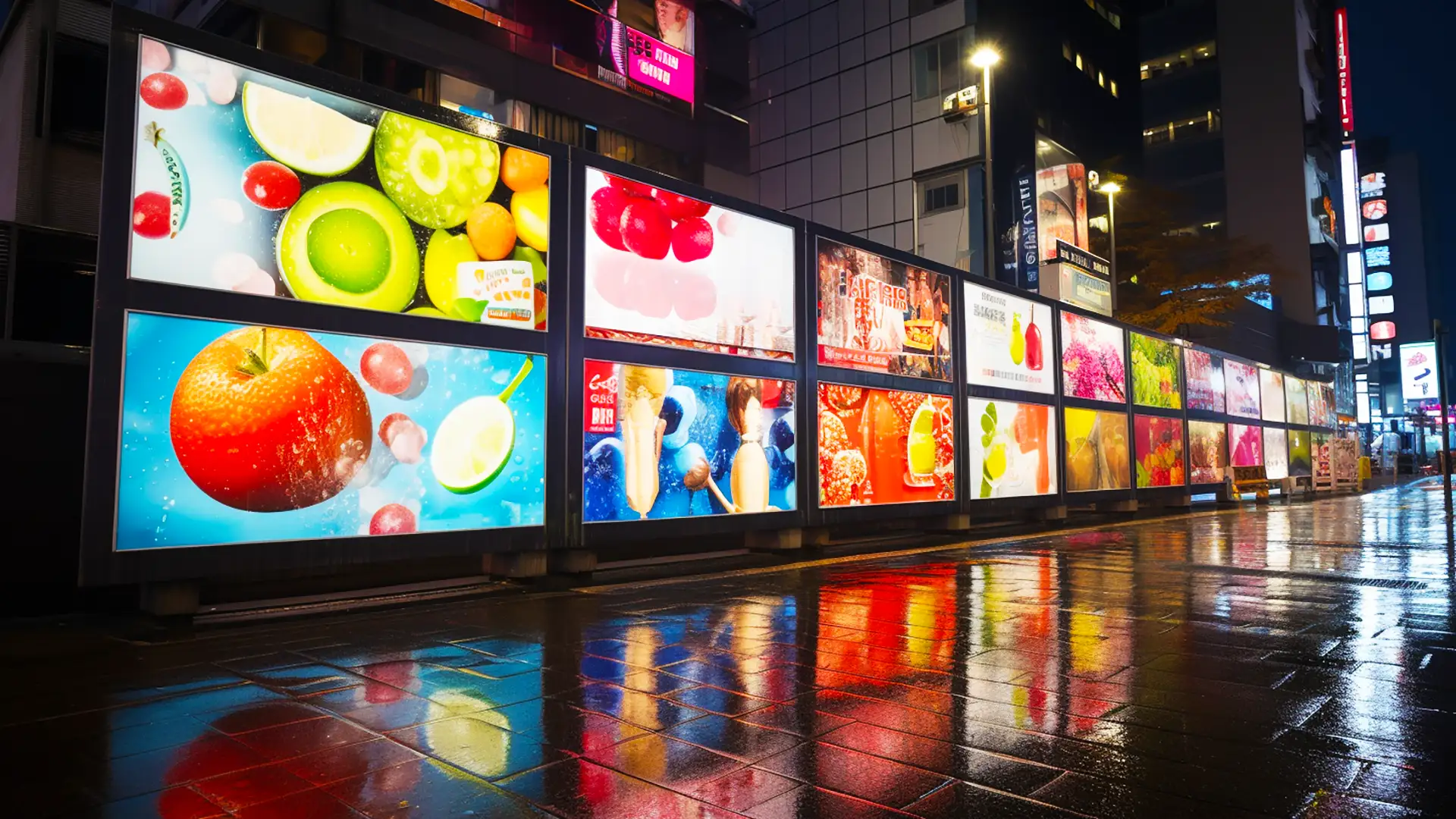 A large wall of advertising billboards with various colourful adverts, on an empty city street - Montus - Services - Advertising, PPC and Campaigns​ - Image #02