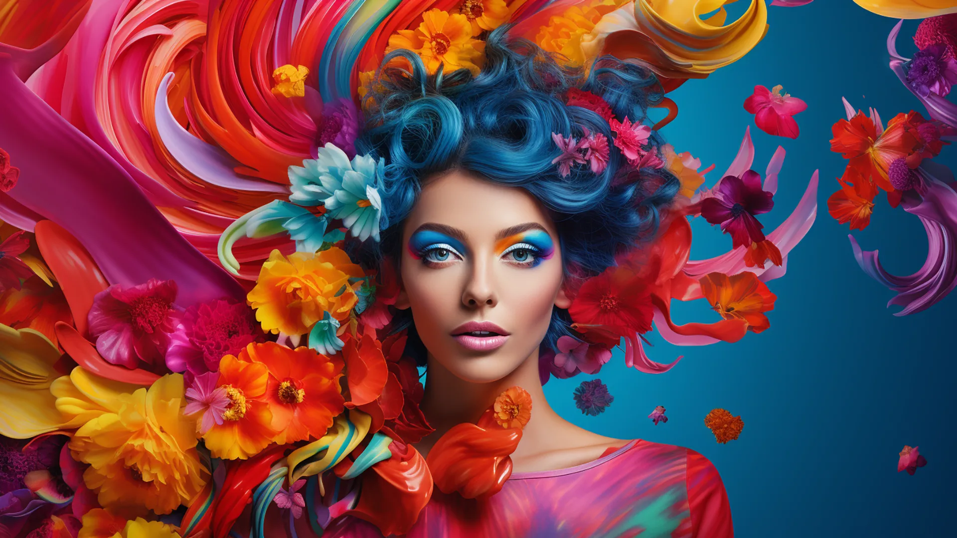 Vibrant, colourful photo of a beautiful blue haired female with rainbow make-up. Colourful flowers and swirls on a blue background - Montus - Services - Photography - Image #01