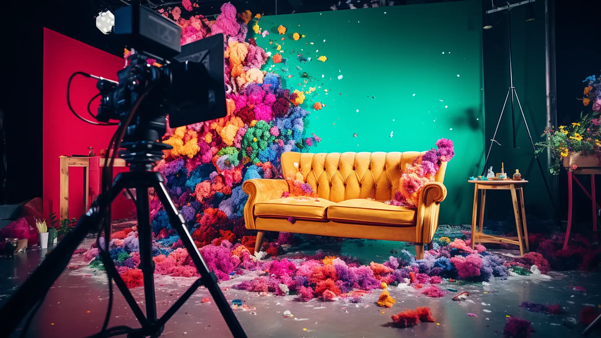 Vibrant, colourful photo of a filming set with a yellow sofa with a teal backdrop. Colourful flowers and petals over the walls and floor - Montus - Services - Videography - Image #01
